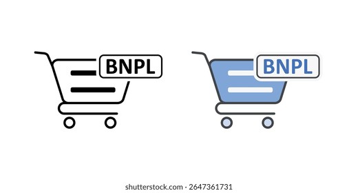 Finalização de compra on-line com ícone de opção BNPL com carrinho e rótulo BNPL, em estilos de estrutura de tópicos e cores, ideal para ilustrar opções de pagamento de comércio eletrônico, compre agora e pague serviços mais tarde.