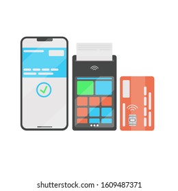 Online checkout. Modern cash register. Wireless cash desk-tablet issues a check. Payment by smartphone. Bank transfer. Red bank card. Ways of payment. Check.