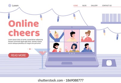 Online Cheers Website Template Of Virtual Party With Chat App On Laptop Screen, Flat Cartoon Vector Illustration. People Celebrating Party Distance Online.