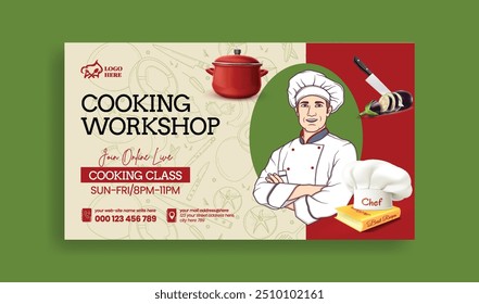 online chef cooking class horizontal banner and culinary training center web banner template with chef flat illustration
