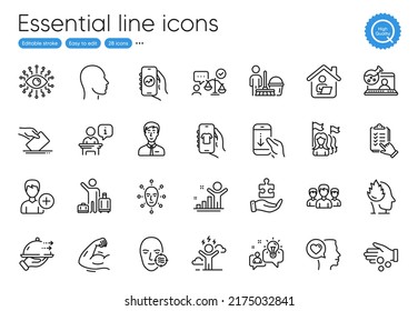 Online chemistry, Add person and Work home line icons. Collection of Businessman person, Food delivery, Financial app icons. Idea, Group, Shop app web elements. Difficult stress. Vector