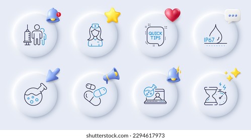 Online chemistry, Hospital nurse and Chemistry lab line icons. Buttons with 3d bell, chat speech, cursor. Pack of Hourglass timer, Quick tips, Waterproof icon. Vector