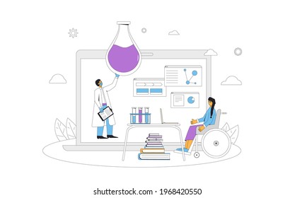 Online chemistry inclusion lesson or reserch. Digital learning. Young teacher shows the chemical experience on computer screen.  Internet webinar or online video training. Vector line art illustration