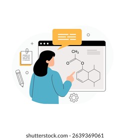 Online Chemistry Lesson Illustration. Vector illustration of a female student studying organic chemistry online