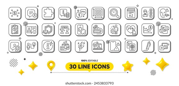 Online chemistry, Time management and Genders line icons pack. 3d design elements. Puzzle, Justice scales, Consulting web icon. Phone warning, Dollar rate, Voice wave pictogram. Vector