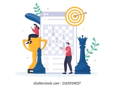 Online Chess Board Game Cartoon Background Illustration with Two People Sitting Across From Each Other and Playing for Hobby Activity in Flat Style