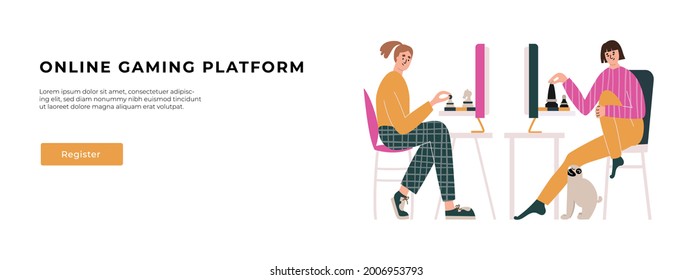 Online chess championship flat vector concept. Website banner with button template for online gaming platform landing page. Happy modern characters, people playing in home atmosphere with dog. 