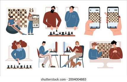 Online chess characters set. Technology for hobby, education, sports competition. Flat vector design elements illustration. Children, adults playing remote chess on computer, smartphone at home.