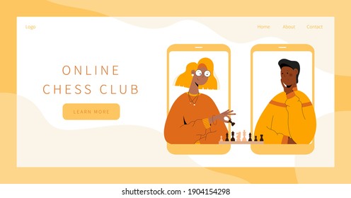 Online chess club landing page. Two people plays chess online. Man and woman competing in chess from their smartphones. Distant leisure activity concept. Tournament at online chess club.