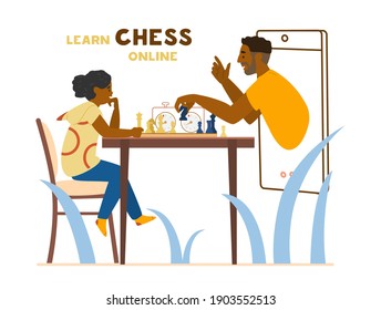 Online Chess Education Concept. African American Girl Sitting At Table With Chessboard And Chess Timer. Teacher Holding Knight Shows How To Play From Smartphone. Vector Illustration.