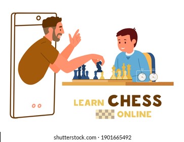 Online Chess Education Concept. Boy Sitting At Table With Chessboard And Chess Timer. Teacher Holding Knight Shows How To Play From Smartphone. Vector Illustration.