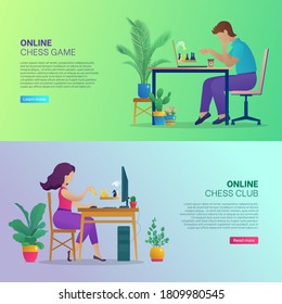 Online chess game club banners set. People sitting in front of computers playing strategic game during self-isolation. Online chess tournament, landing page website or app. Flat vector illustration