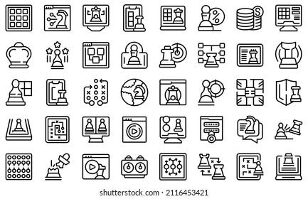 Online chess game icons set outline vector. People activity. Online brain