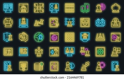 Online chess game icons set outline vector. People activity. Online brain vector neon