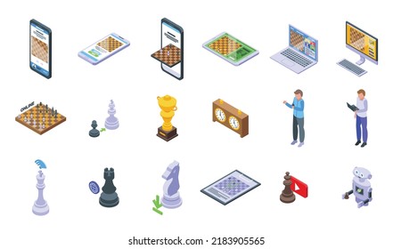 Online chess game icons set isometric vector. People tournament. Online activity