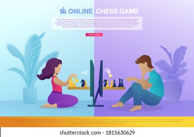 Online chess game landing page template. Boy and girl sitting in front of computer screens playing strategic intellectual game. Online chess tournament website, homepage. Flat vector illustration