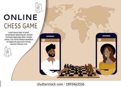 Online chess game, online tournament. A man and a woman are playing a strategic intellectual game using a smartphone. Flat vector illustration
