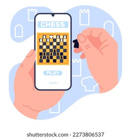 Online chess game or tournament on your smartphone. Players hands holding phone. Web competition. Chessboard with rook and pawn pieces. Competitive strategy challenge
