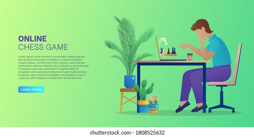 Online chess game web banner. Man sitting in front of computer screen playing strategic intellectual board game during self-isolation. Online chess tournament landing page. Flat vector illustration