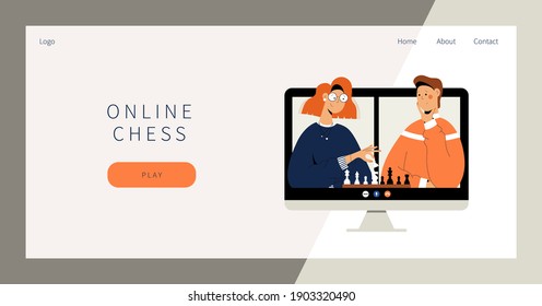 Online chess landing page. Two people plays chess online. Man and woman competing in chess from their computer. Distant leisure activity concept illustration. Tournament at online chess club