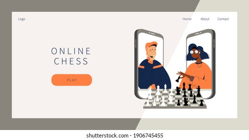 Online chess landing page. Two people plays chess online. Man and woman competing in chess from their smartphones. Distant leisure activity concept illustration. Tournament at online chess club