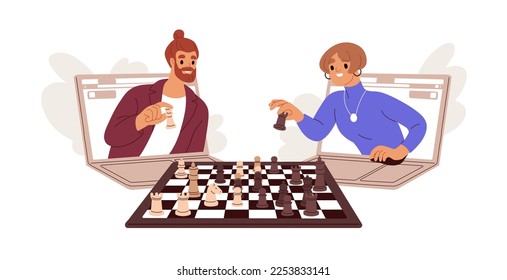 Online chess players playing remote chessboard game through internet. Virtual distant tournament, strategic match via laptop computers. Flat graphic vector illustration isolated on white background