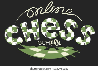 Online chess school (club) logo. Remote education concept.  Hand drawn lettering on black background. Green white chessboard pattern with pieces inside "chess" word. Queen and pawn as "O" letters. 