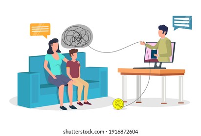 Online Child Psychologist Counseling, Flat Vector Illustration. Psychotherapy Session Of Virtual Doctor Therapist, Psychiatrist With School Girl Sitting On Sofa With Mother. Kids Mental Health.