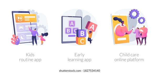 Online childcare service abstract concept vector illustration set. Kids routine app, early learning app, child care search platform, activity tracking, studying software, babysitter abstract metaphor.