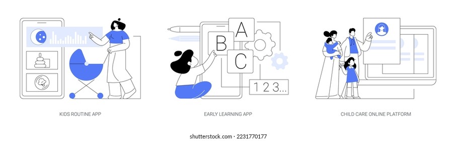 Online childcare service abstract concept vector illustration set. Kids routine app, early learning app, child care search platform, activity tracking, studying software, babysitter abstract metaphor.