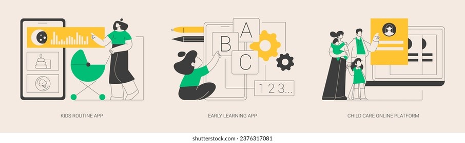 Online childcare service abstract concept vector illustration set. Kids routine app, early learning app, child care search platform, activity tracking, studying software, babysitter abstract metaphor.