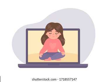 Online Children Meditation, Yoga Class. Cute Girl Meditates On Laptop Screen. Distance Kids Relax, Mindfulness, Breathing Training Concept.