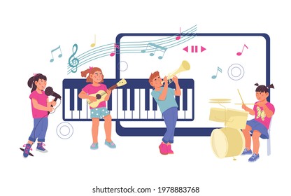 Online children music lessons concept with kids playing musical instruments and singing. Banner for online music tutorials and lessons, flat vector illustration isolated on white background.