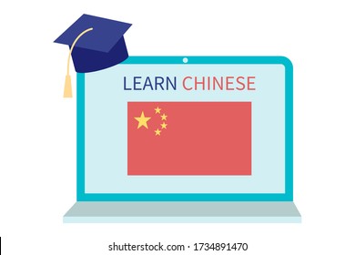 Online Chinese Learning, distance education concept. Language training and courses. Studying foreign languages on a website in a laptop. Vector in flat design.