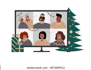 Online Christmas celebration in boho colors. Characters on a remote video call vector concept. People of diferent races and ages using computer to celebrate xmas through Internet. Family party.