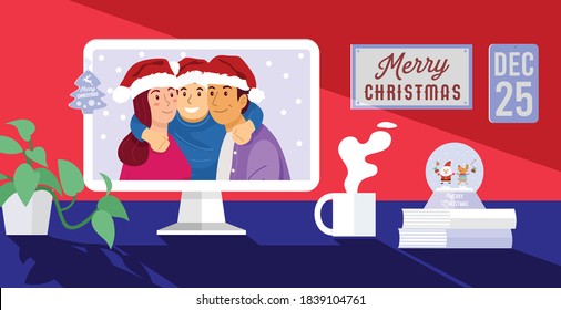 Online Christmas celebration, Happy family on video call from home. Vector