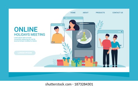 Online Christmas celebration landing page and people phone screen. Vector illustration of computer and smartphone screens with people. Christmas banner online dating winter holiday celebration.