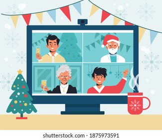 Online christmas celebration. Online new year party. Vector illustration.