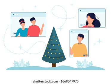 Online Christmas celebration people phone screen and christmas tree. Vector illustration computer phone screens with people. Christmas holiday online dating celebration. Internet technology invitation