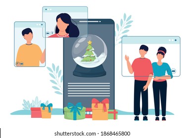 Online Christmas celebration snow globe and people phone screen. Vector illustration of computer and smartphone screens with people. Christmas snow globe online dating winter holiday celebration.