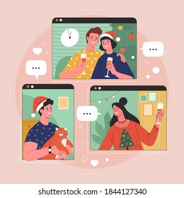 Online Christmas celebration. Vector illustration in trendy flat style of computer and smartphone screens with young people in Christmas outfits. Isolated on background