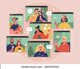 Online-Weihnachtsfeier. Vektorgrafik im angesagten Flachstil von Computer- und Smartphone-Bildschirmen mit jungen Erwachsenen in Weihnachtsartikeln. Einzeln auf Hintergrund