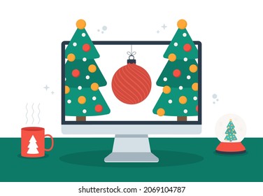 Online christmas concept. Computer with Merry Christmas and Happy New Year tree and ball on the screen and decorate with cup and magic snow ball flat vector illustration
