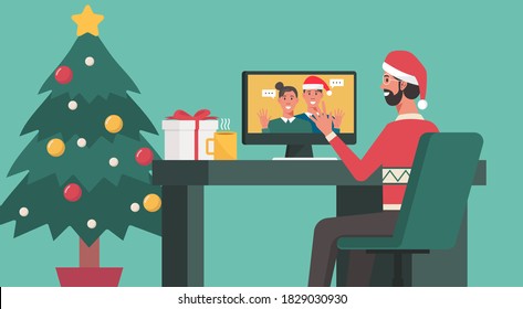 Online Christmas concept, man video calling to his family on a computer at home with christmas tree decorated, flat vector illustration