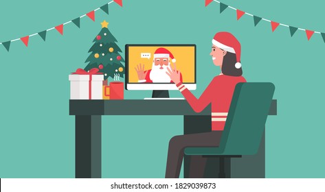 Online Christmas concept, woman video calling to Santa Claus on a computer at home, flat vector illustration