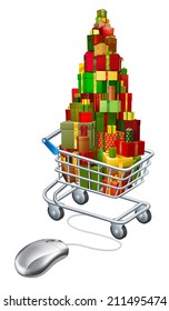 Online Christmas gift shopping, a computer mouse wired to a shopping cart full of presents