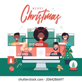 Online christmas holiday party. People quarantined having video call celebrating Christmas and New Year at home and decorate with Christmas tree, cup, flat vector illustration