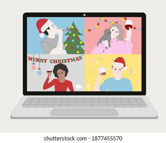 Online christmas party flat illustration friends are celebrating on isolation new year 