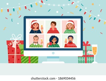 Online christmas party. Group of people meeting via videoconference on Christmas.