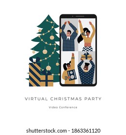 Online Christmas party with tree and gifts. Virtual video conference helps stay safe. Male and female characters on a remote celebration. Digital technologies connect friends during isolation. 